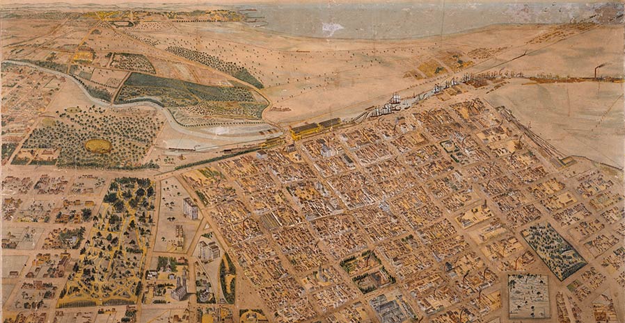 Historical bird's eye view map of Melbourne. 