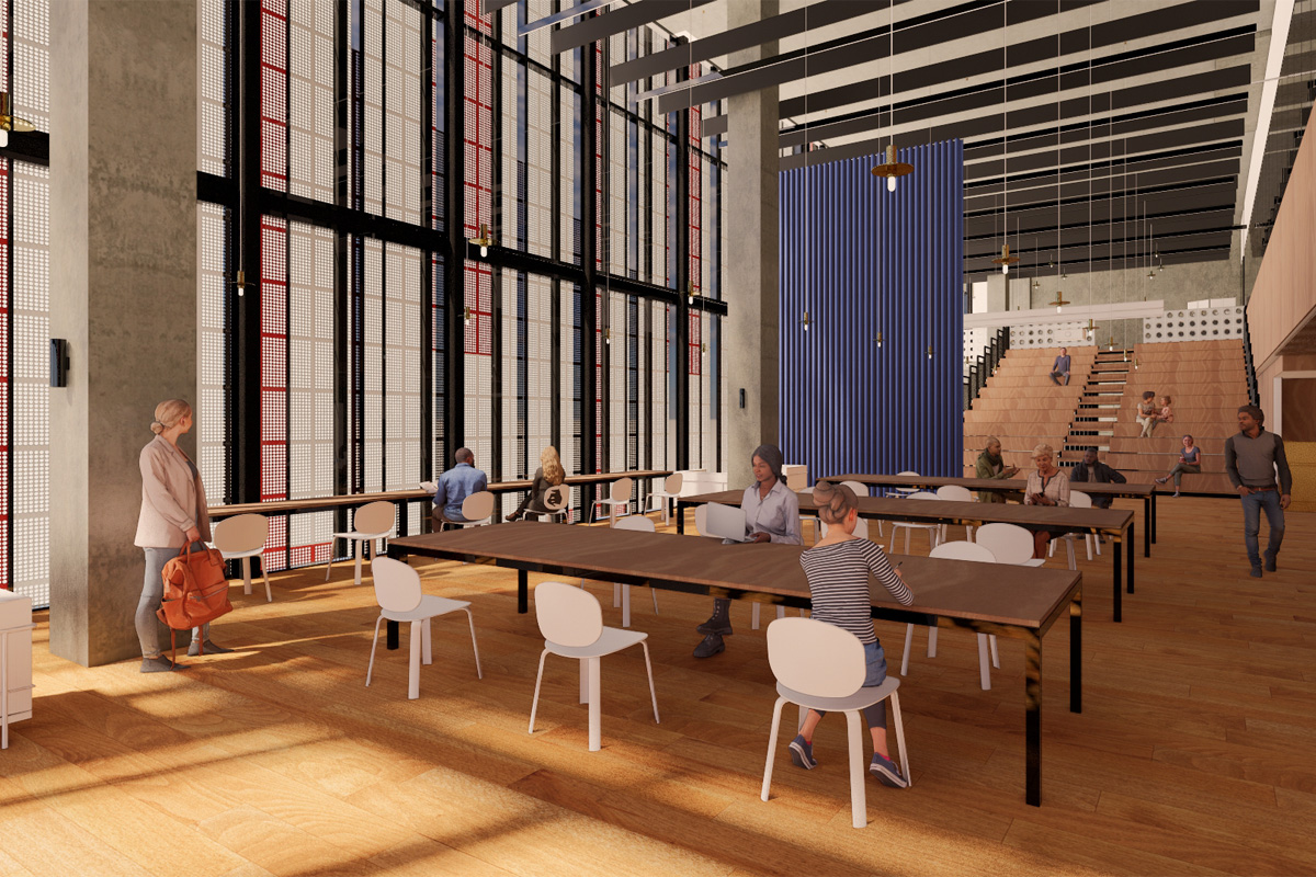 Artist impression of a reading room at the new Munro library and community centre. People are reading books and working on computers while seated at various small and large tables. A section of bleachers also acts as seating.