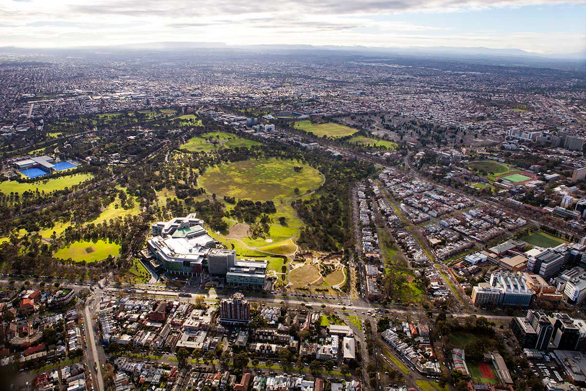 Wide aerial view of Royal Park.