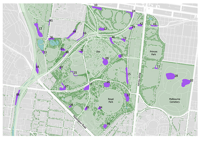 Map of Royal Park showing wren observation sites