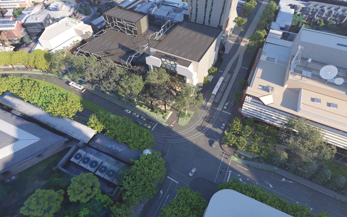Artist's impression showing an aerial view of the intersection with tram stop outside the Melbourne Recital Centre