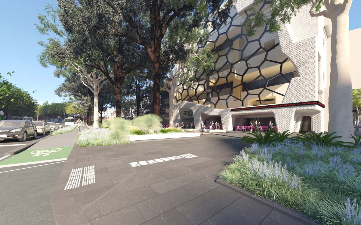 Artist's impression showing the bike lane running along trees and open space, next to the Melbourne Recital Centre building