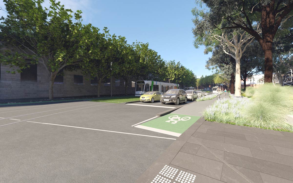 Artist's impression showing the bike lane running between the road and a row of large gum trees and shrubs