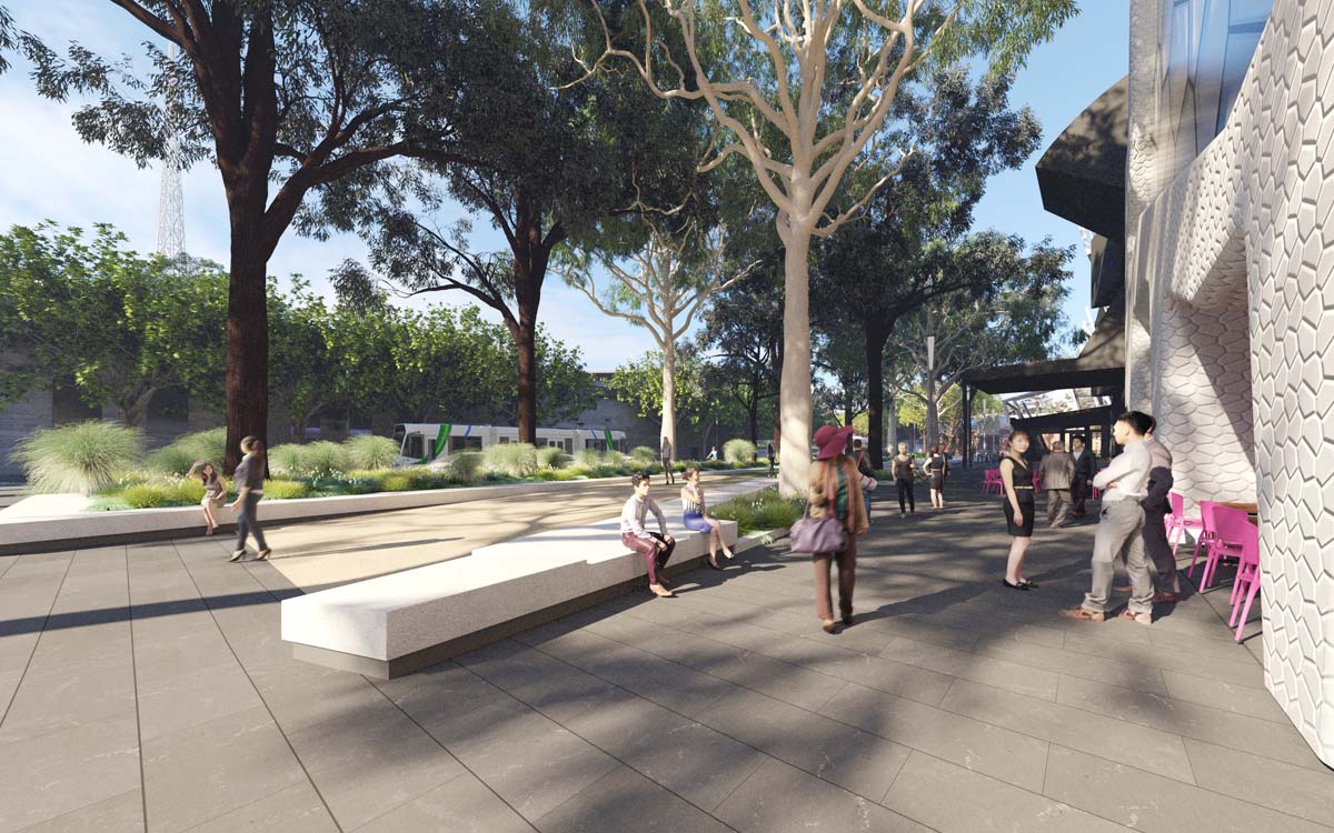Artist's impression showing people in an open, paved area next ot the building with seating, plants and large gum trees