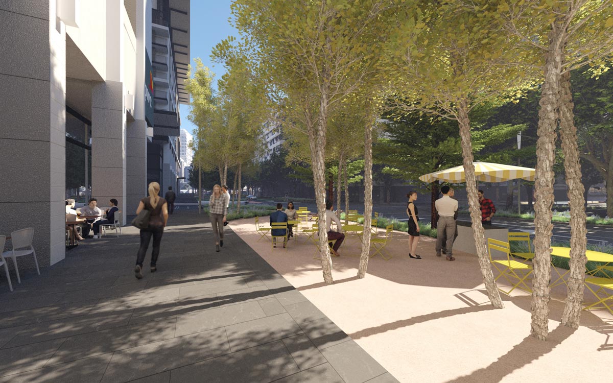 Artist's impression - paved pedestrian path between building and gravel area with trees, cafe tables and chairs