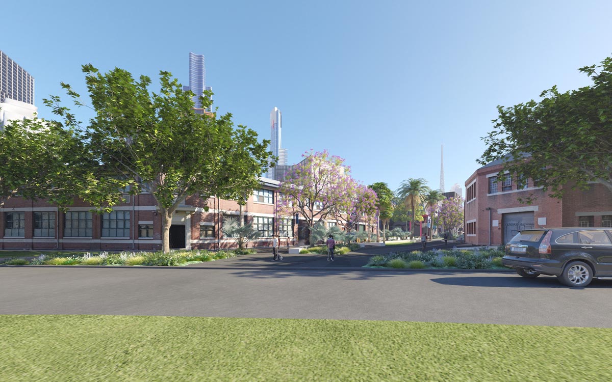 Artist's impression - looking across the road down a paved pathway running between two buildings, with garden beds and large trees