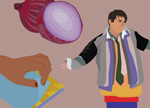 Painting of person in layered clothes, layers of paper, and layers of an onion