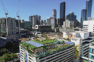 Aerial view of rooftop building garden