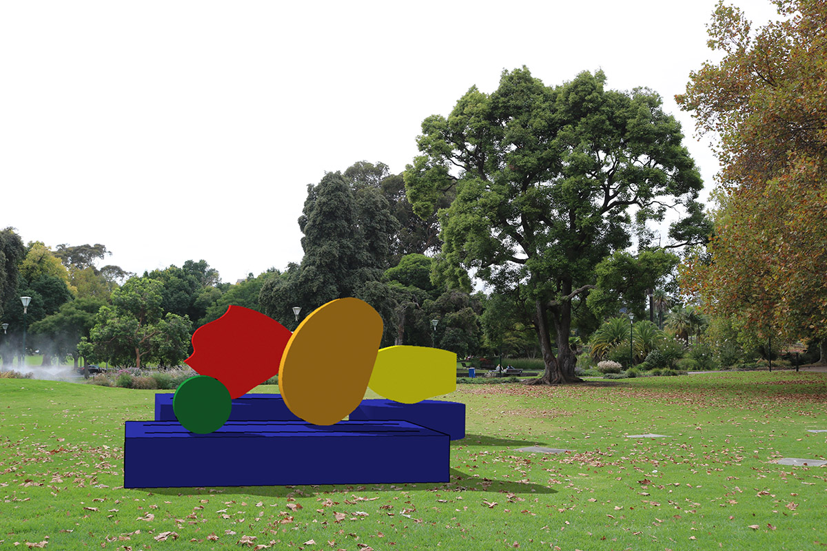3D render of sculpture overlaid on image of parkland.