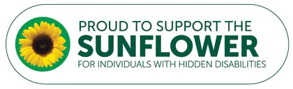 Logo for the Hidden Disabilities Sunflower program. It reads "Proud to support the sunflower for individuals with hidden disabilities." There is also a picture of a sunflower.