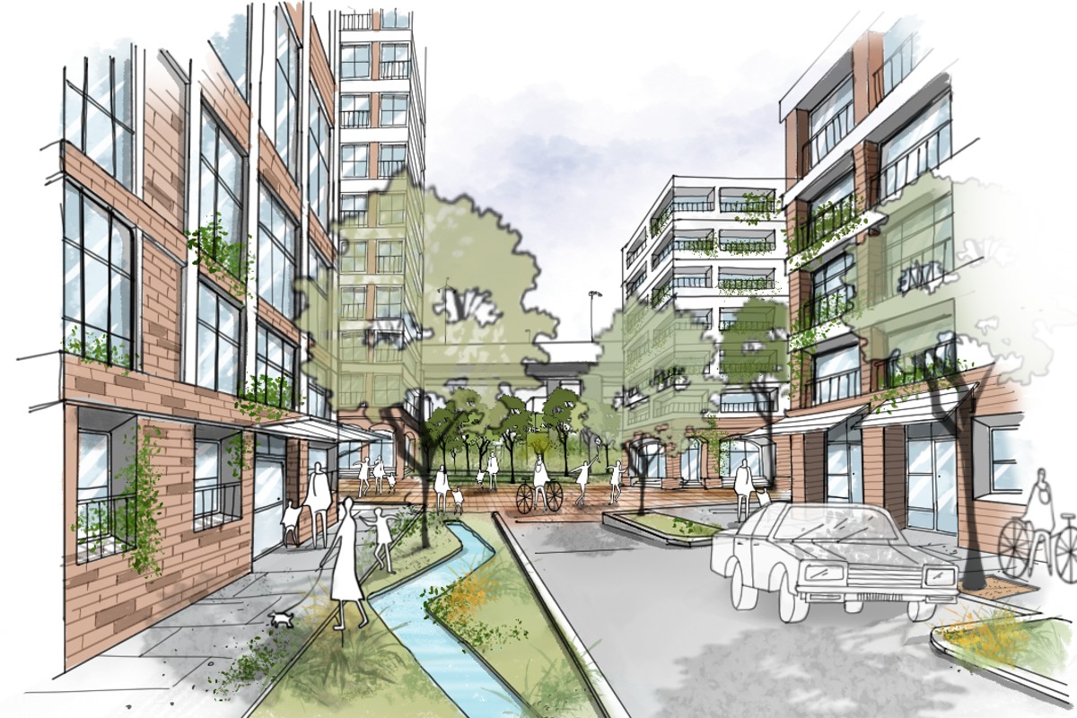 A draft artists impression of urban renewal area with families and groups enjoying the walkways.. There is a row of trees, paved path and small water feature.