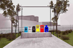 A row of brightly coloured newspaper stands standing on grey stone.