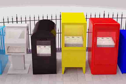 A row of brightly coloured cabinets.