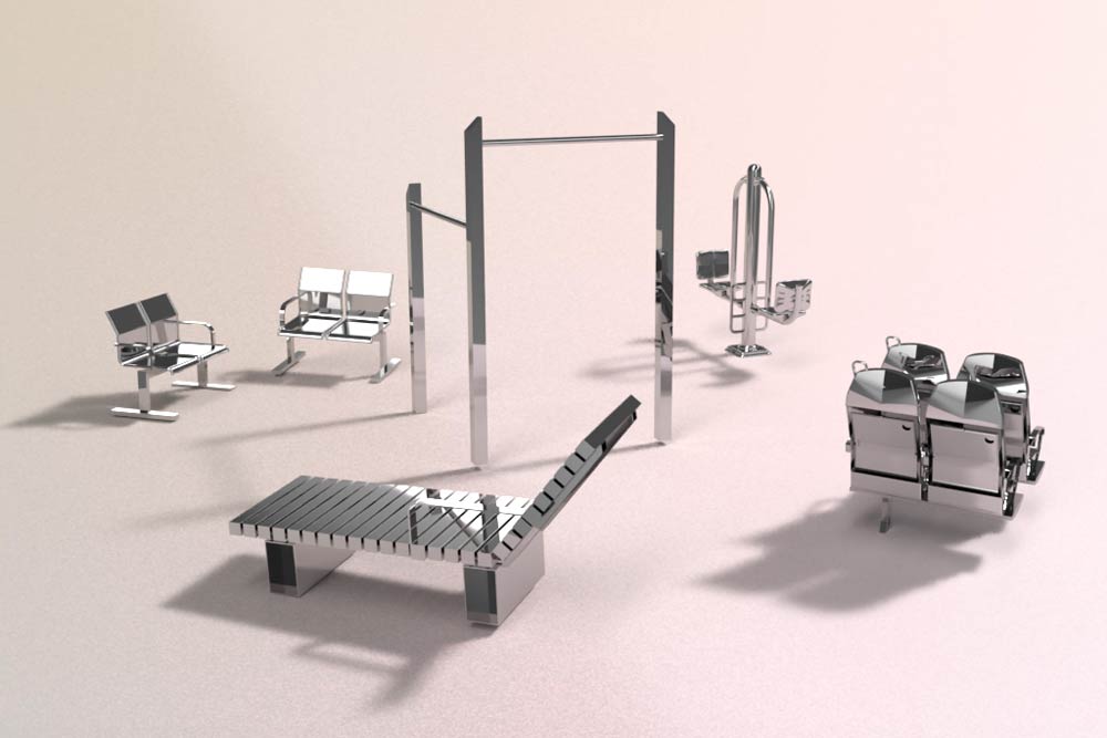 Art installation of metal sculptures resembling street furniture and playground equipment (including pairs of seats, a bench, exercise bars and a see-saw)