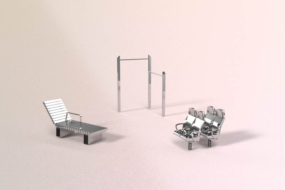 Art installation of metal sculptures resembling street furniture and playground equipment (including pairs of seats, a bench and exercise bars)