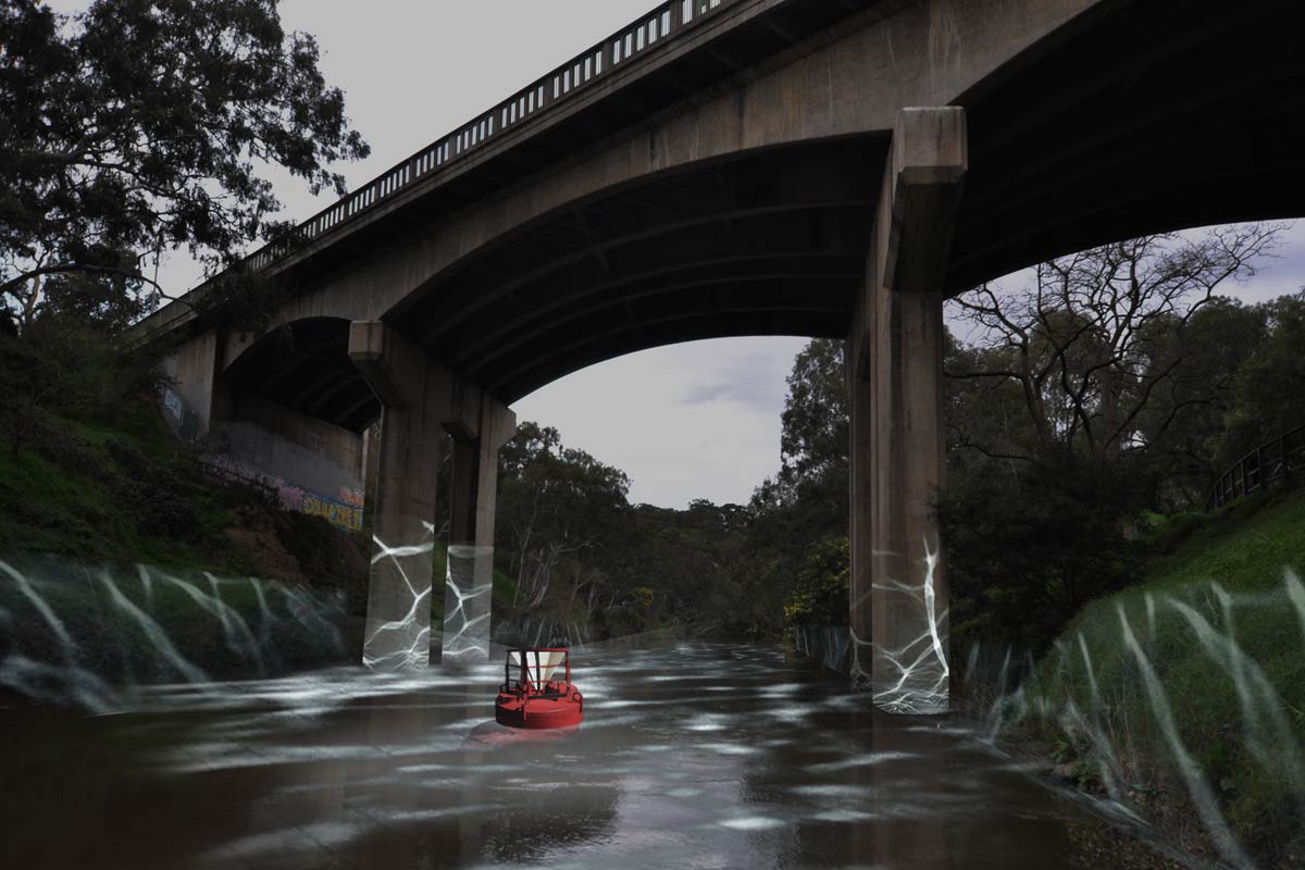 Concept illustration showing a red and white beacon floating on a river underneath a tall bridge. There are reflected fluid patterns going several metres up the surrounding riverbank and the bridge's pillars.