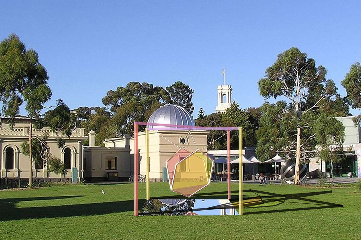 Sculpture of a hexagonal frames with red and yellow transparent panes, suspended from a cross frame structure, over a mirrored surface on the ground. The sculpture is near the Observatory in the grounds of the Botanic Gardens.