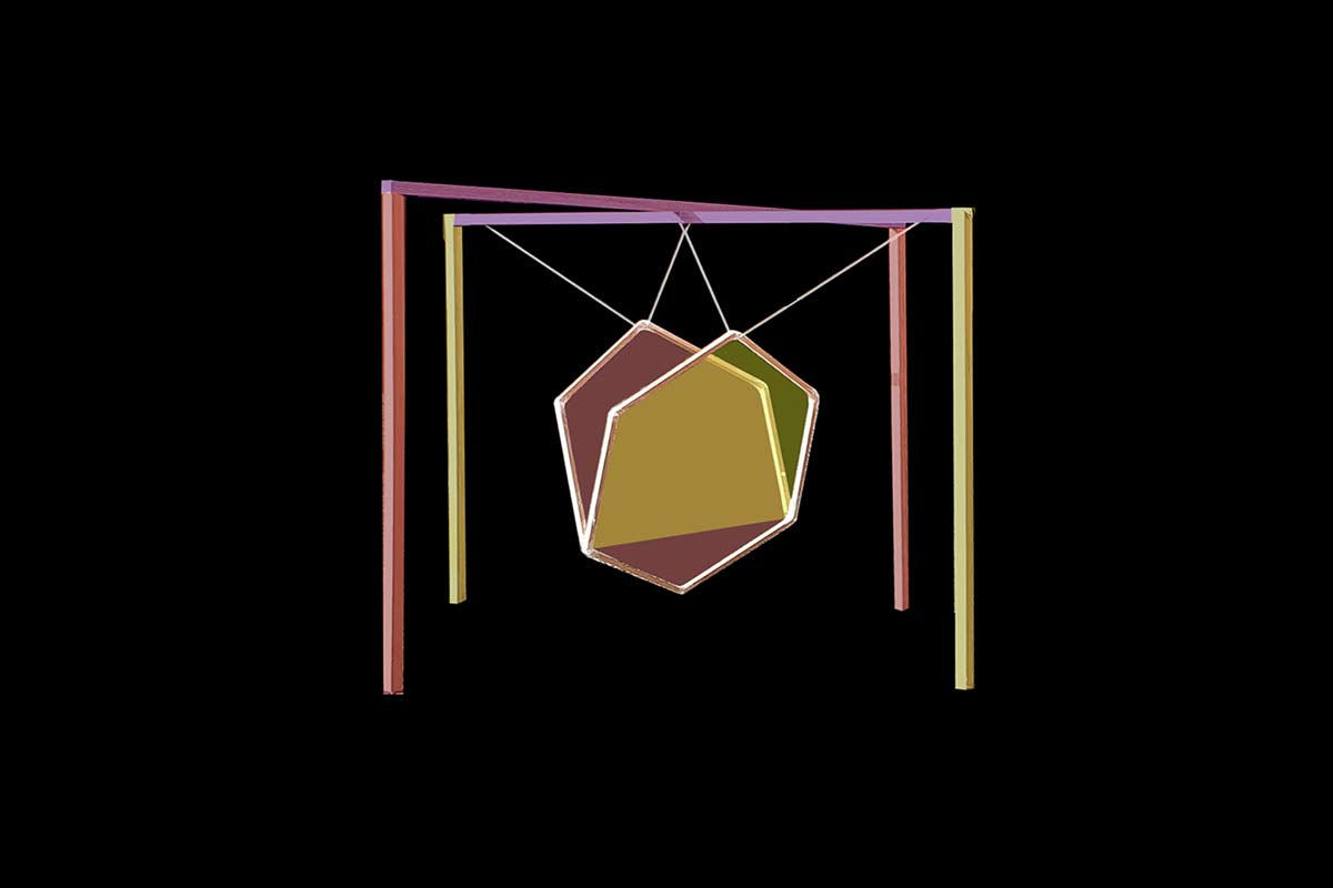Render of the sculpture against a black background. It has hexagonal panes of red and yellow glass joined two edges, and suspended from a cross frame. The frame's pillars are yellow and red, and the cross beams are purple.