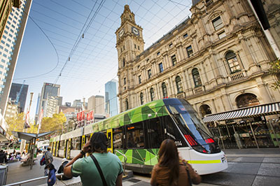 Tram on city street