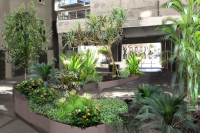 Artist impression of green space with seating among pots with small trees and planter boxes containing lush greenery