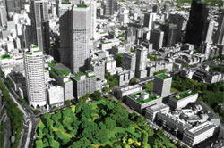 Visualisation of Melbourne city with many green rooftops and trees between buildings and along streets