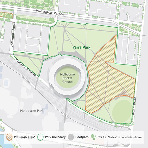Map of Yarra Park. The park is within the region bounded by Wellington Parade to the north; Punt Road to the east; Brunton Avenue to the south and Jolimont Street to the west. The dog off-leash area (shaded with orange lines) is in the south-eastern corner of the park between the MCC and Richmond Cricket Ground.